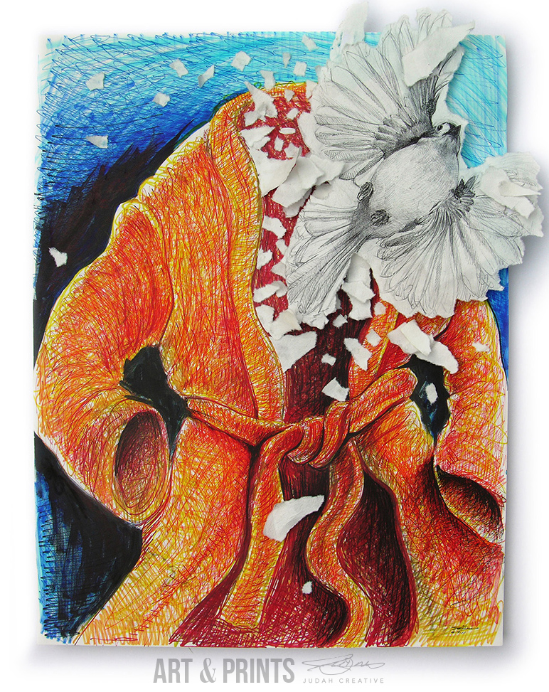 Frightened Titmouse Flying Out of a Bathrobe Dreams by Judah Fansler. Mixed Media - marker, sharpie, ink pens, chalk pastel, hand made paper