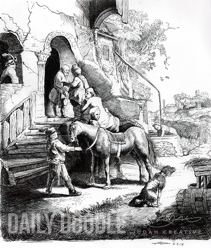 Rembrandt Etching Study - The Good Samaritan - Final Illustration by Judah Fansler (Yet another Daily Doodle) - Design Ninja, Artist, Owner at Judah Creative, a Graphic Design & Illustraiton Studio near Branson & Springfield, MO.